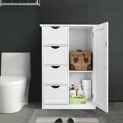 Small Storage Cabinet Wooden Bathroom Floor Cabinet Small Space Furniture White Side Storage Organizer with 4 Drawers