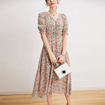 Women's French LadyStyle Dress, 100% Mulberry Silk, Shirring Floral Printing, Puff Sleeve Split Midi Dresses, Retro Robe, Summer