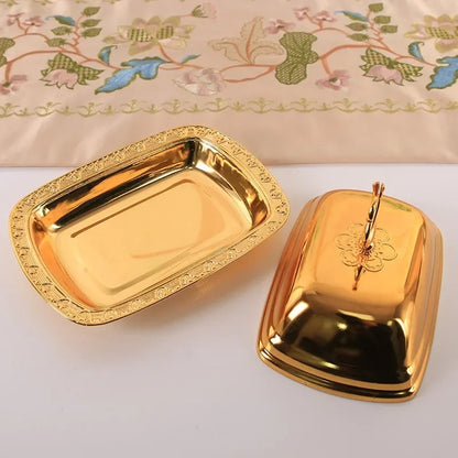 Golden/Silver Color Food Container Dustproof Food Tray with Lid Stainless Steel Butter Dish Box Serving Tray Hotel Supplies