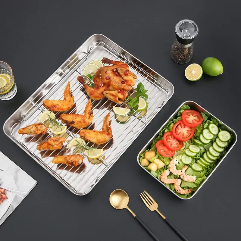 304 Stainless Steel Baking Tray Plate Bbq Tray With Removable Cooling Rack Set Baking cake Pan Sheet Non Toxic Oven Dishwasher