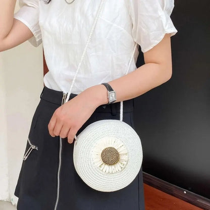 Flower Graphic Circle Straw Bag, Vintage Shoulder Beach Bag, Women's Crossbody Purse Mini Floral Decor Straw Crossbody Bag