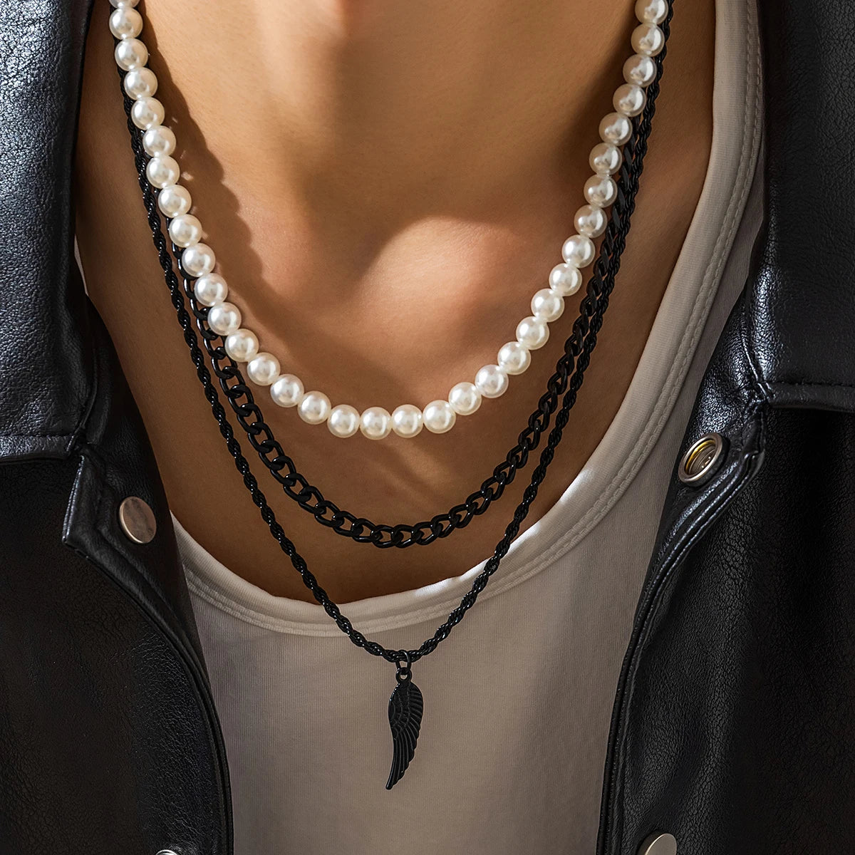 KunJoe Hip Hop Black Chain Pendant Choker Imitation Pearl Necklace for Men Punk Jewelry Rapper Collar On The Neck Street Club