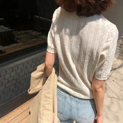 100% Cotton Women Hollow-out Sweater T-shirt New Summer Fashion Short-sleeve O-Neck Pullover Tees Korea Casual Knitted Tops