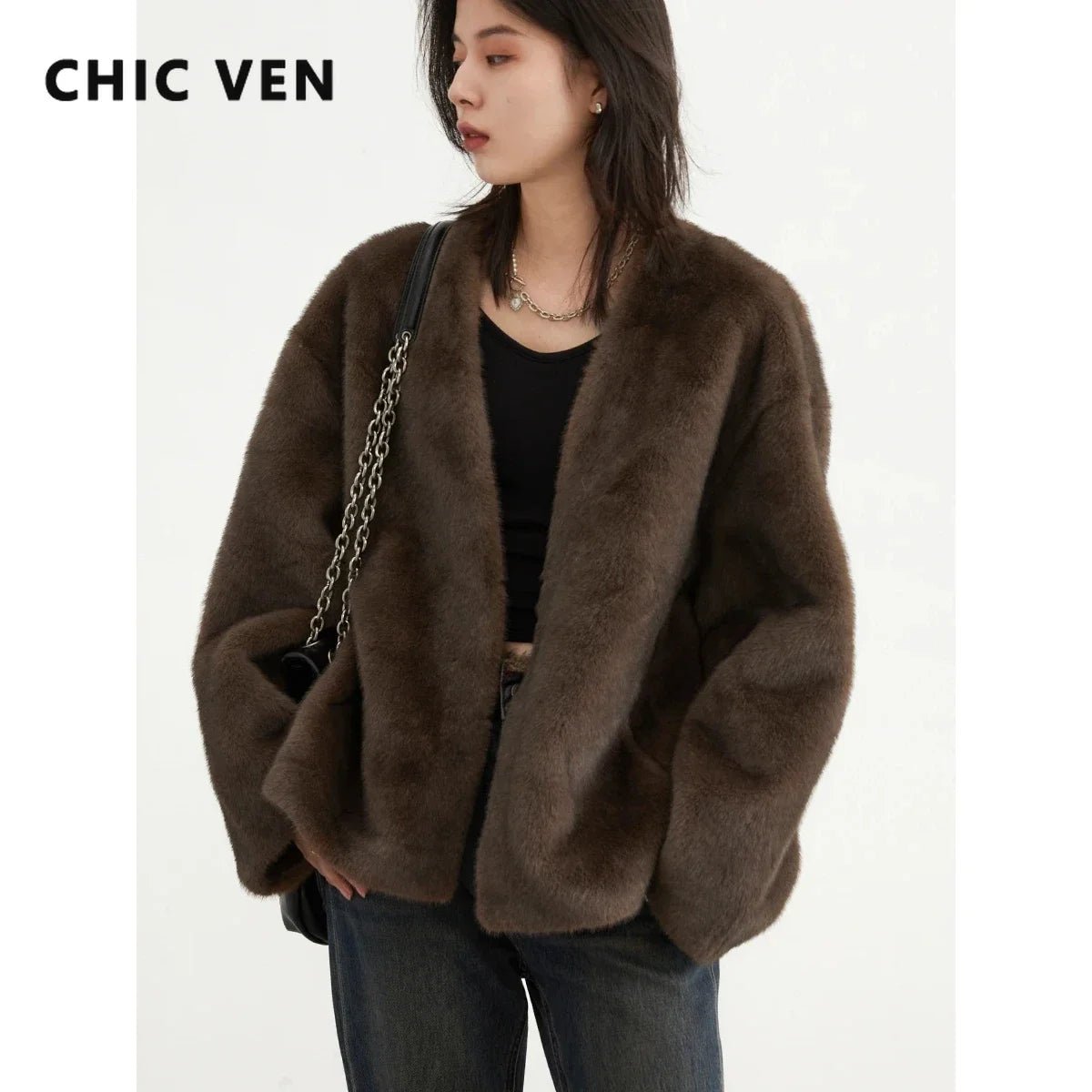 CHIC VEN Women's Jacket Loose Casual Solid Overcoat New Female Plush Coat V-neck Woman Outerwear Autumn Winter 2023