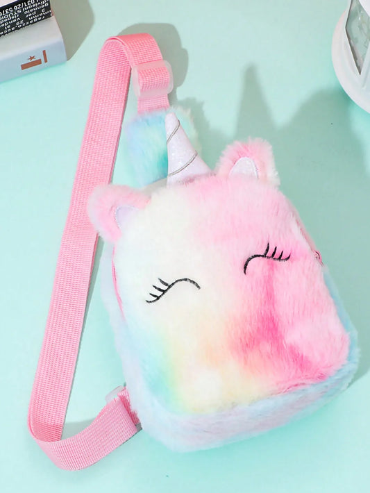 1 Pc Girls Cute Cartoon Plush Unicorn Children'S Chest Bag Shoulder Crossbody Bag, Colorful Plush Storage Bag For Daily