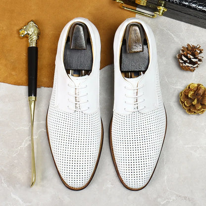 Men's Business Casual Oxford Shoes Real Cow Leather Comfortable Breathable Hollow Soft Leather Summer Shoes White Wedding Shoes