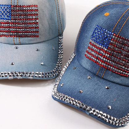 Adjustable Size 4th July Dad Hat USA American Flag Patriotic Baseball Cap Denim Distressed Rhinestone Bling Sparkle Hip Hop Hat