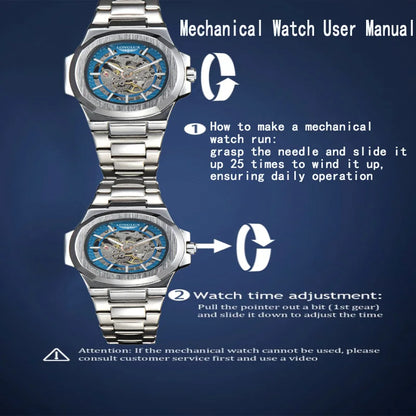 LONGLUX automatic watch luxury mechanical wristwatches stainless steel skeleton waterproof mens watch men gift