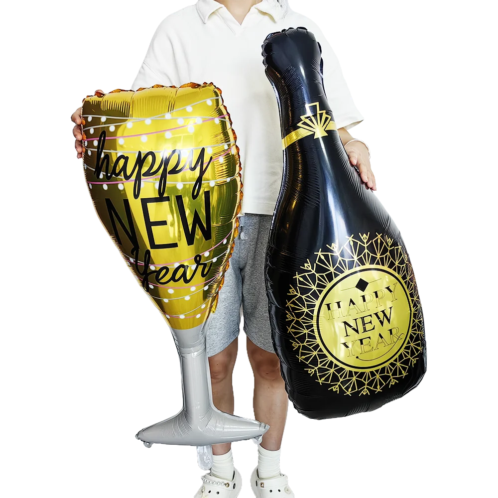 New Year Theme Party Decor Wine Bottle Wine Glass Whiskey Microphone Star Balloon Happy New Year Party Scene Decoration Supplies