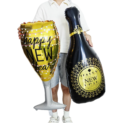 New Year Theme Party Decor Wine Bottle Wine Glass Whiskey Microphone Star Balloon Happy New Year Party Scene Decoration Supplies