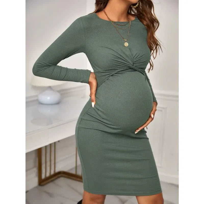 New Hot Sell Round Neck Tight Solid Color Short Maternity Dress Long Sleeve Knitted Maternity Dress