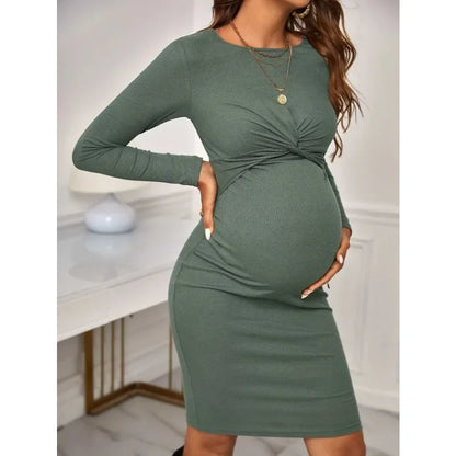 New Hot Sell Round Neck Tight Solid Color Short Maternity Dress Long Sleeve Knitted Maternity Dress