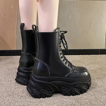 Punk Super High Platform Boots Women Chunky Heels Lace Up Motorcycle Boots Woman Black White Thick Bottom Ankle Booties Female