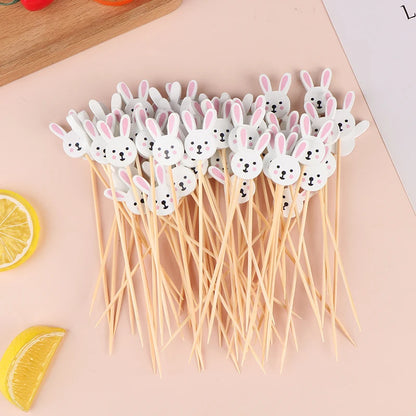 100pcs Easter Disposable Bamboo Skewers Rabbit Eggs Food Picks Fruit Fork Sandwich Buffet Stick Easter Decoration 2024 Birthday