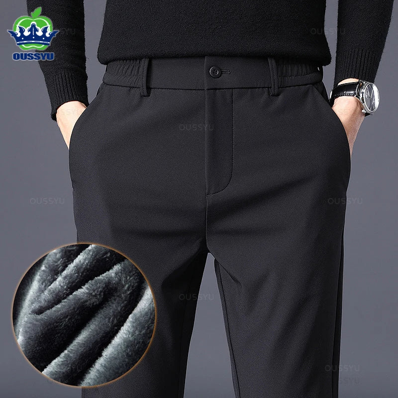 Winter Warm Men's Fleece Pants Thick Business Stretch Slim Fit Elastic Waist Jogger Korean Classic Black Gray Blue Trousers Male