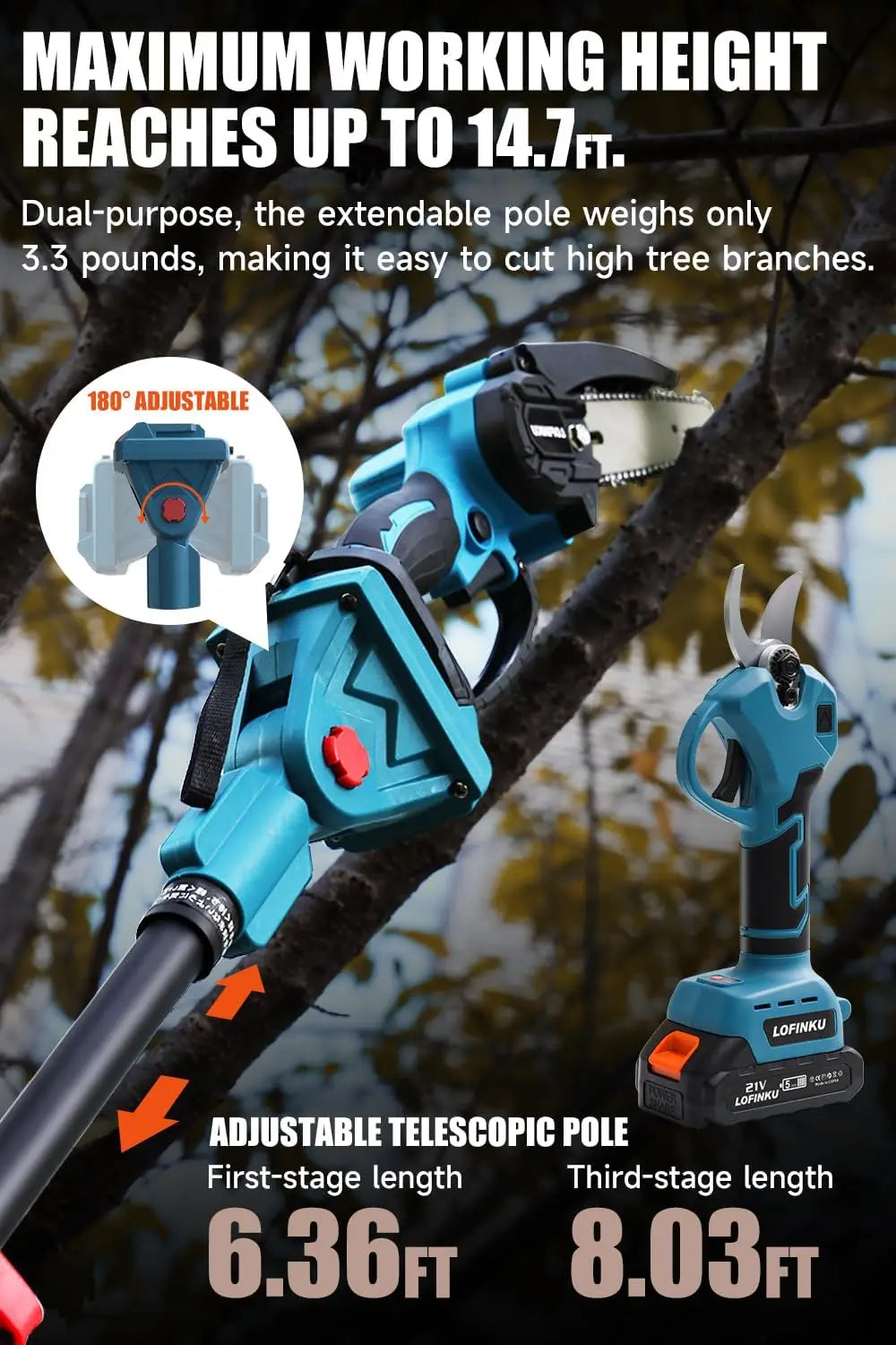 Pruner Kit, 3 in 1, Max 8 ft, 2 Pcs Batteries, 6 inches cordless chainsaw & electric pruning shears with Max 8 ft Extension Pole