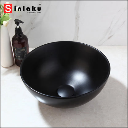 SINLAKU Polish White & Black Round Ceramic Basin Sink Bathroom Washbasin Matte Black Finish Deck Mount Ceramic Sink W/ Pop Drain