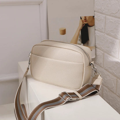 New Solid Color Multi-layer Women Sling Crossbody Bag Vinatge PU Leather Wide Strap Shoulder Bag