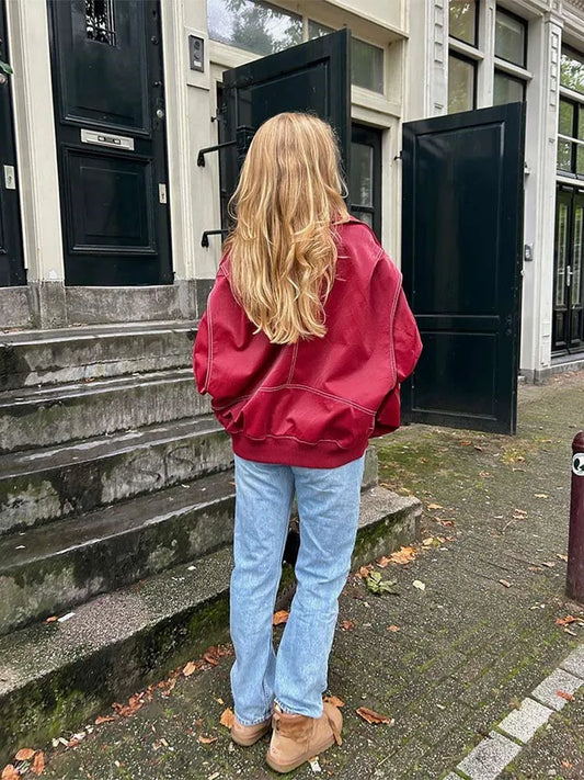 Women Chic Contrast Stitching Red Jacket Fashion Lapel Long Sleeve Zippered Leather Coat 2023 Autumn Female Elegant Streetwear