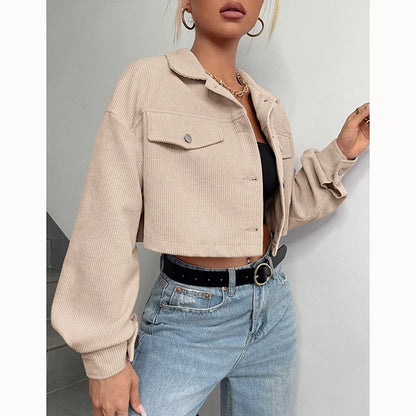 Spring Drop Shoulder Flap Detail Crop Corduroy Jacket Long Sleeve Chic Short Coats