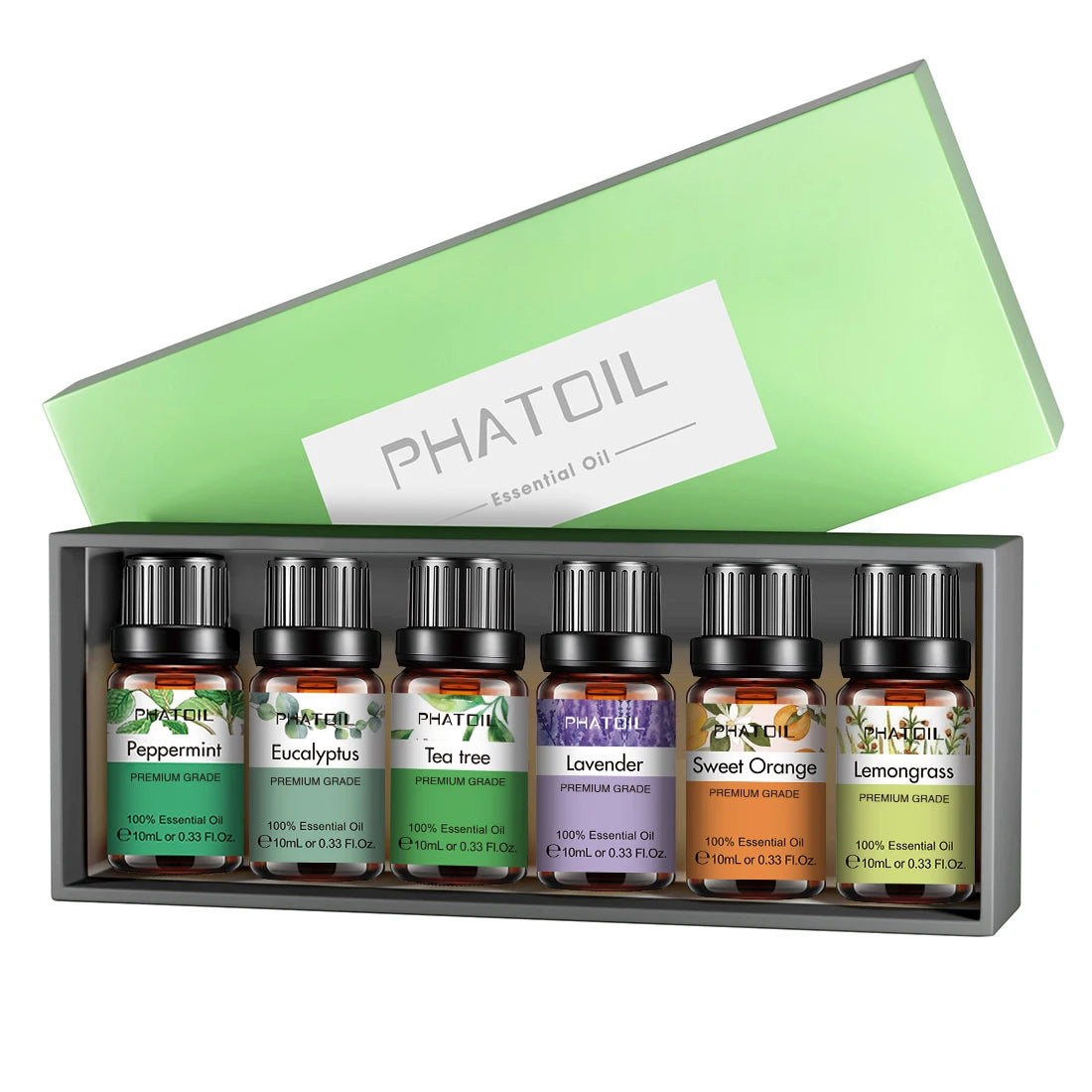 PHATOIL 6pcs Essential Oils Set 10ml Gift Box for Diffuser Skin Care Lavender Eucalyptus Peppermint Tea Tree Orange Lemongrass