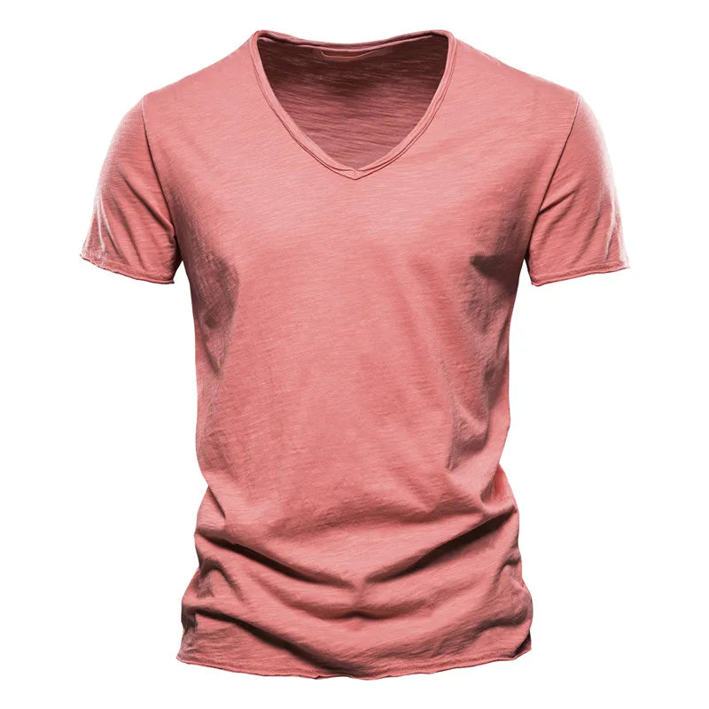 100% Cotton V-neck Men T-shirt Fitness Sports Running Slim Fit Soild T-shirts Male Tops Tees Summer Short Sleeve T Shirt For Men