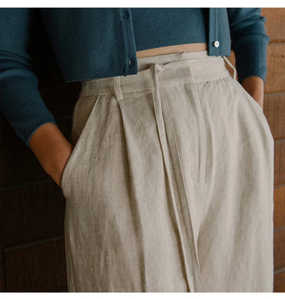 100% Linen Women's Pants Solid High Waist Bandage Up Elegant Office Lady Trouser Korean Fashion Harajuku Streetwear Sweatpants