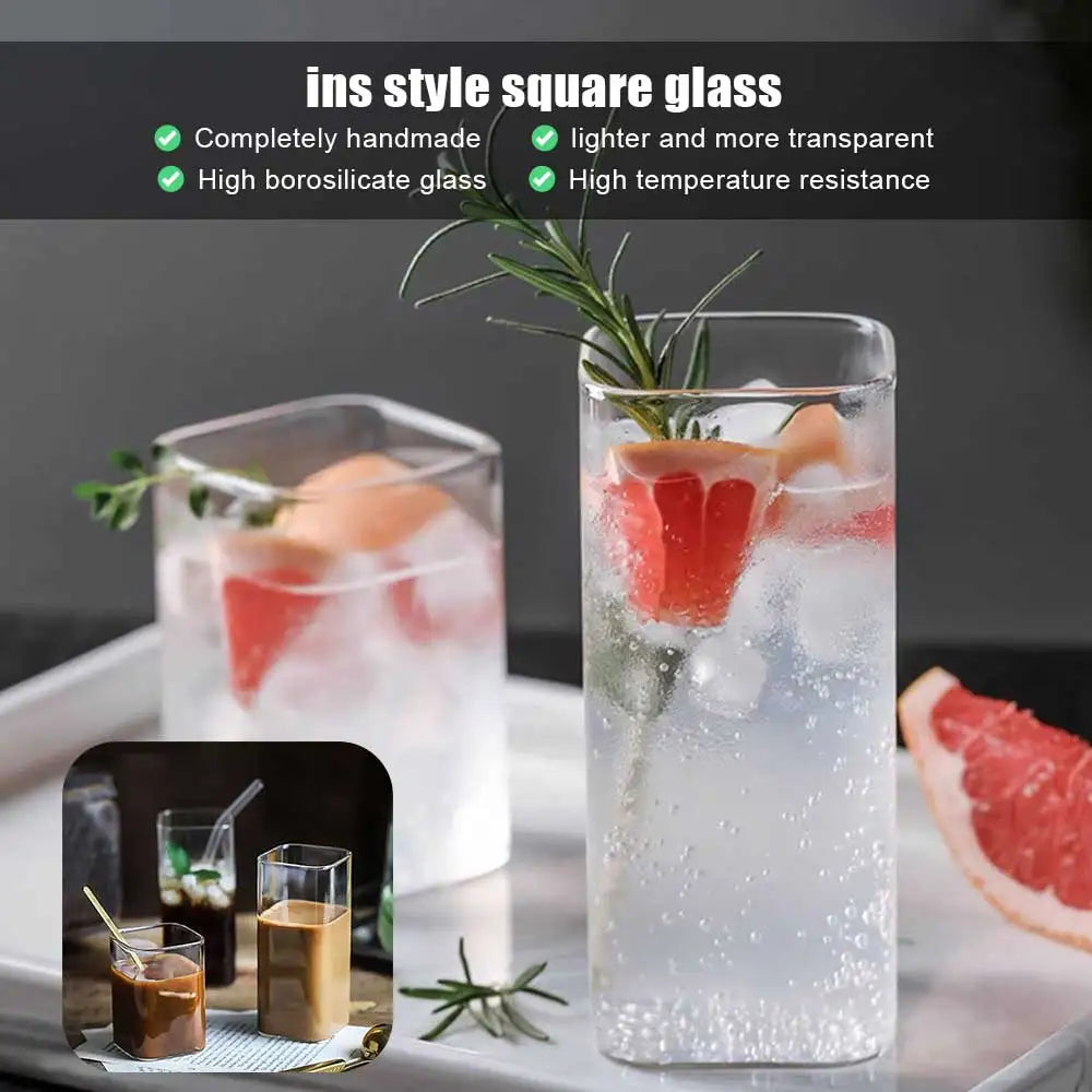 Square Glass Cup Coffee Mug Heat-Resistant Water Cups Wine Glass Transparent Tea Mug Cup for Drinking Milk Beertea Juice Dessert