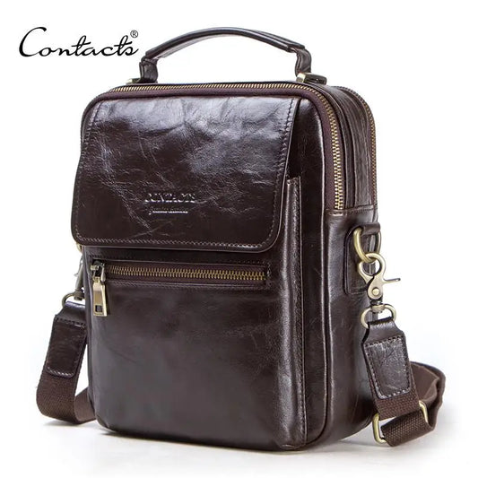 CONTACT'S Genuine leather messenger bag for men casual shoulder bags male flap bag luxury brand crossbody bags for 9.7" Ipad