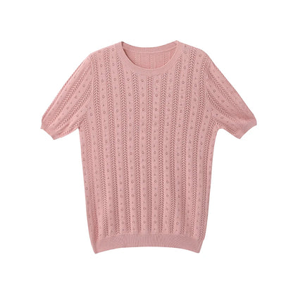 100% Cotton Women Hollow-out Sweater T-shirt New Summer Fashion Short-sleeve O-Neck Pullover Tees Korea Casual Knitted Tops