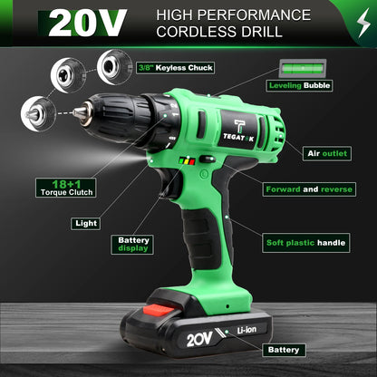 Tegatok 20V Cordless Power Drill,Position Drill with 18+1 , 2AH Li-ion Battery&Fast Charger.