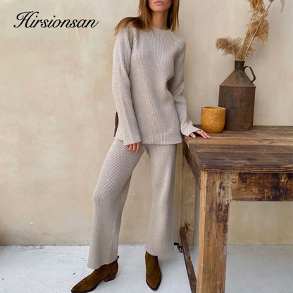 Hirsionsan Elegant Soft Knitted Sets Women Autumn Winter Warm Casual Two Pieces Sweater and Pants Outfits Solid Tracksuit Lady