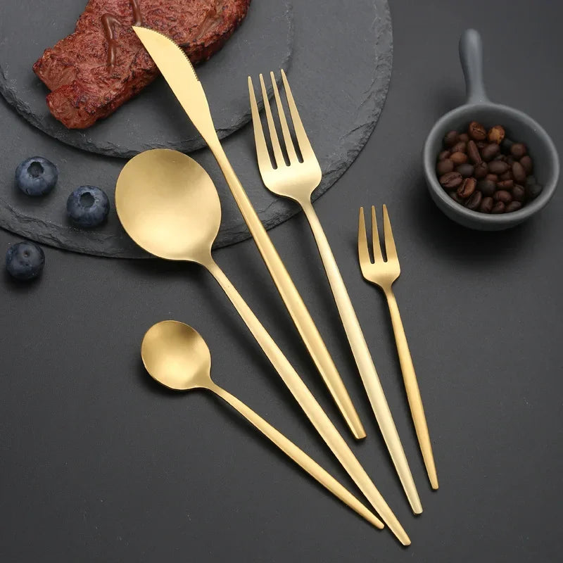 30Pcs Black Gold Dinnerware Set Stainless Steel Dinner Knife Fruit Fork Spoon Cutlery Set Kitchen Tableware Silverware Sets