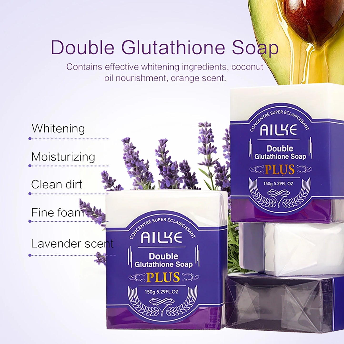 AILKE Lightening Soap Bar, With Organic Glutathione & Lavender, For Face, Body, Reduce Spots, Clean Skin