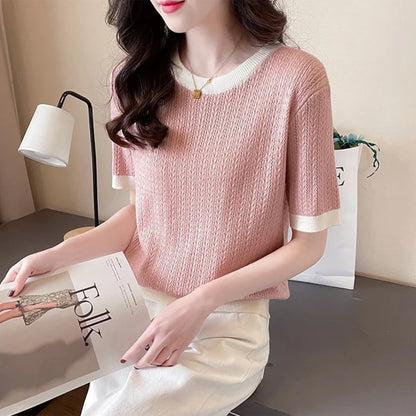 Summer New Women Cool Silk Short-sleeved Tees O-Neck Fashion Color Matching Twists T-shirt Loose Half-sleeved All-match Top