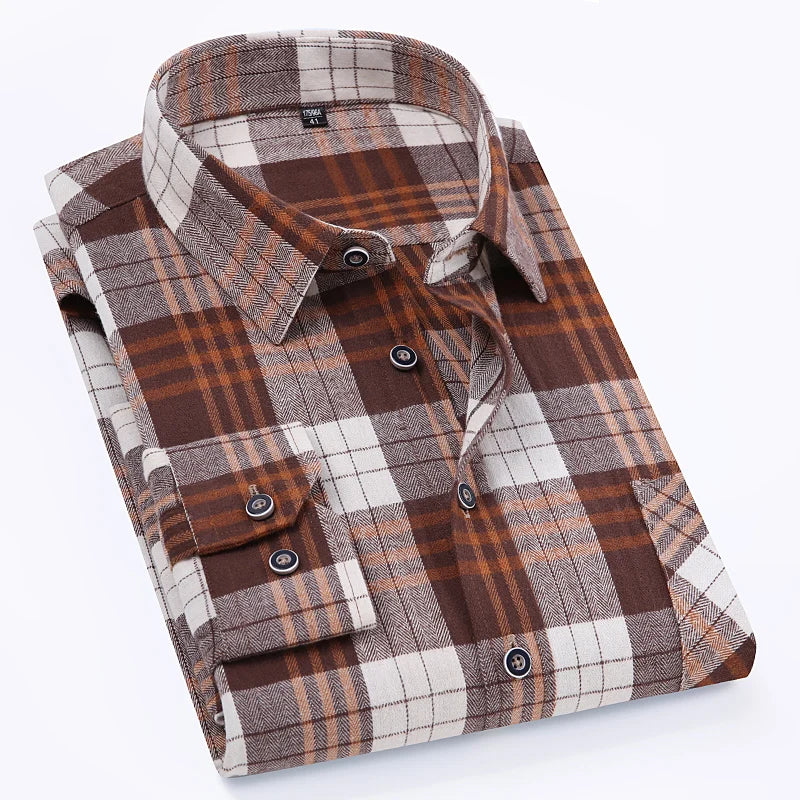 Men's 100% Pure Cotton Flannel Soft Regular-fit Long Sleeve Brushed Shirt Single Pocket Comfortable Casual Plaid Shirts S-8XL