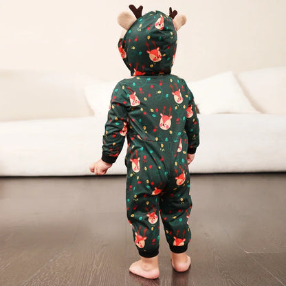 2024 Christmas Family Matching Outfit Cute Deer Ear Hooded Zipper Romper Cute One-Piece Jumpsuit Allover Print Pajamas Xmas Look