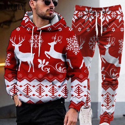 Red Xmas New Year Christmas Hooded For Men Men's Sweatshirt Sweatpants 3D Print Casual Holiday Hip Hop Clothes For Man Clothing