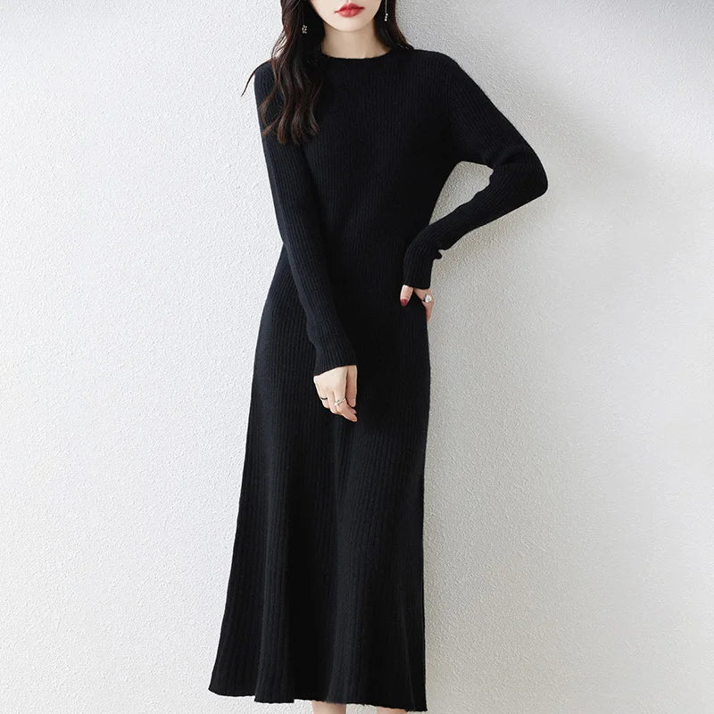 Winter/ Autumn Oneck Female Dresses 100% Wool Knitted Dress For Women New Arrival Long Style 6Colors Jumpers SY01