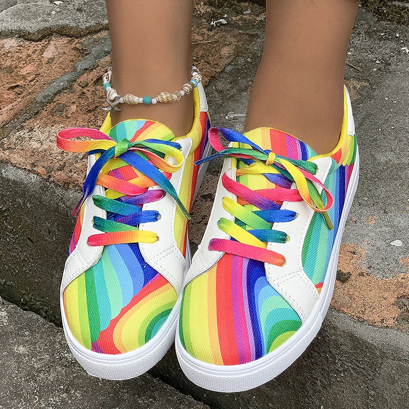 Rainbow Color Lace Up Sneakers Women Casual Non-Slip Platform Vulcanized Shoes Woman 2023 Autumn Flats Running Walking Shoes 43