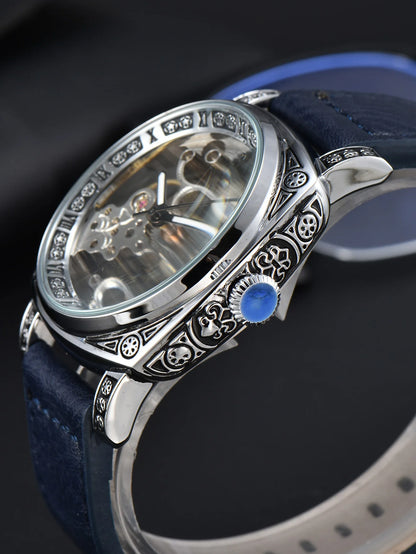 LONGLUX automatic watch retro style mechanical wristwatches skeleton carve waterproof leather mens watch