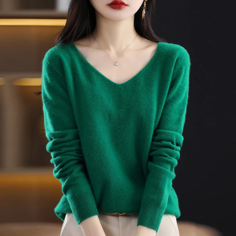 100% Pure Wool Soft Sweater Women Autumn Winter First Line Seamless Low V-neck Pullover Basis Casual Cashmere Warm Knitting Top