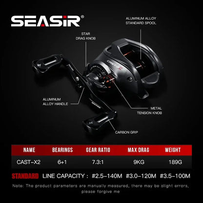 SEASIR Cast X2 Baitcasting Reel 7.3:1 Hybrid Ceramic Bearing Carbon Fiber Washer Dual Bearing System N52 Brake Fishing Reels