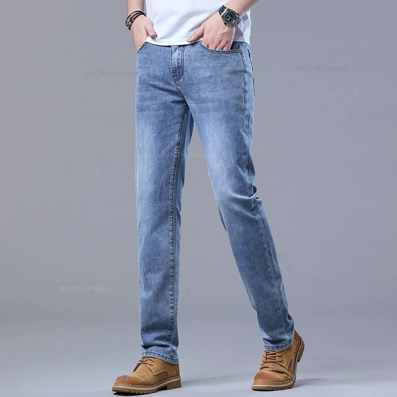 Spring and Summer Thin Men's Light Blue Slim Jeans Stylish Casual Stretch Fabric Denim Pants Classic Trousers Smoke Gray