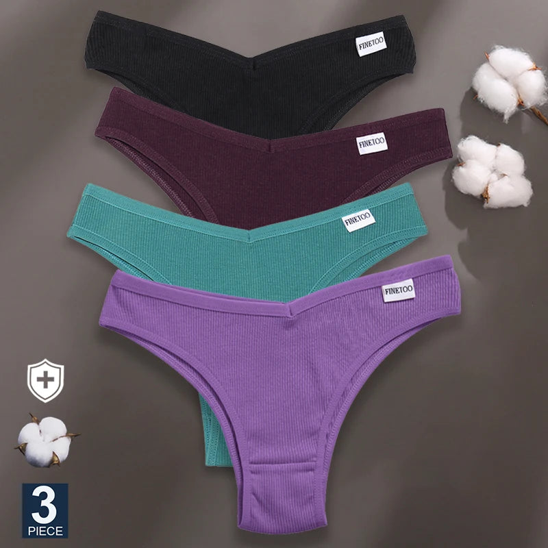 FINETOO 3PCS/Set Panties Women Cotton Lingerie Female Thongs Sexy Underwear Low-Rise Underpant Bikini Brazilian Briefs