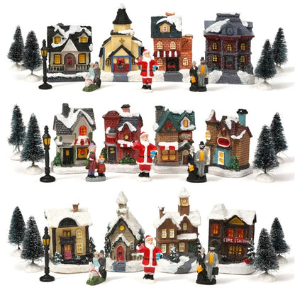 10Pcs/set Christmas Ornament Luminous Home Mini Xmas Cabin Decoration Town Street Light Up Building Holiday Party Gift