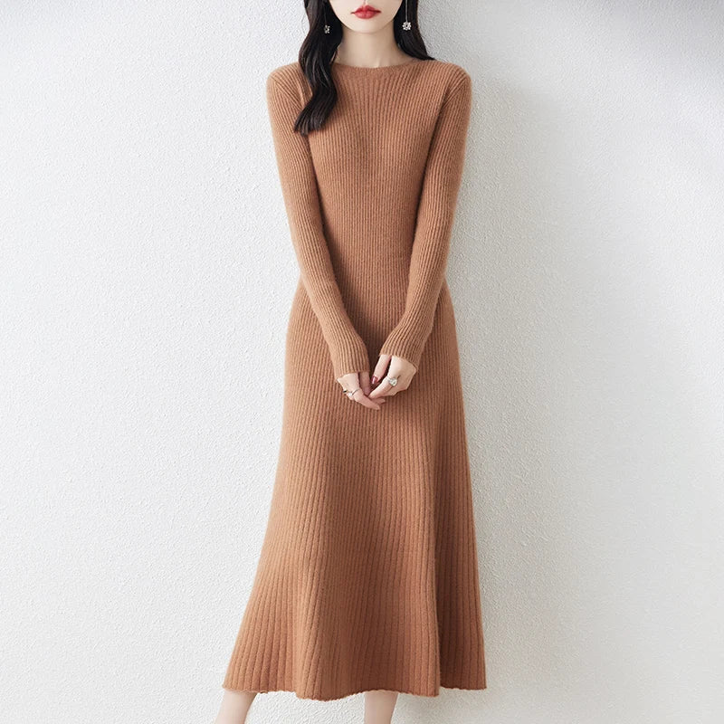 Winter/ Autumn Oneck Female Dresses 100% Wool Knitted Dress For Women New Arrival Long Style 6Colors Jumpers SY01