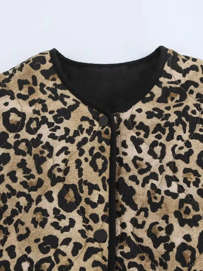 TRAF 2024 Autumn Retro Leopard Print Pockets Coats For Women Fashion Casual Long Sleeve Bomber Jacket Female Chic Outerwear