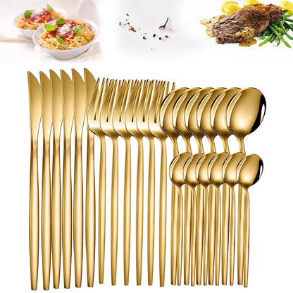 24pcs Gold Dinnerware Set Stainless Steel Tableware Set Knife Fork Spoon Flatware Set Cutlery Set Knife Fork Spoon Tea Spoon