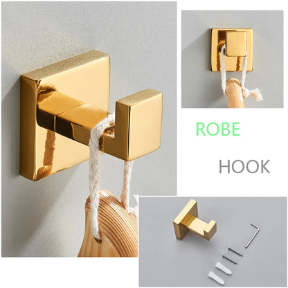 Senlesen Golden Bathroom Accessories Sets 4pcs Wall Mount Towel Bar Robe Hooks Toilet Paper Roll Holder Stainless Steel Hardware